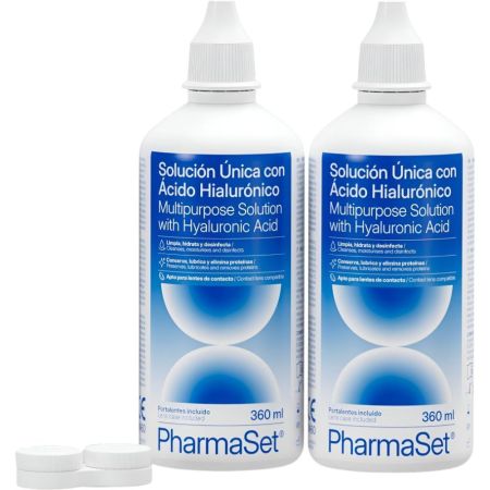 Pharmaset Solución Única Con Ácido Hialurónico Duplo Solución acuosa limpia enjuaga desinfecta y conserva las lentes de contacto eficazmente 2x360 ml
