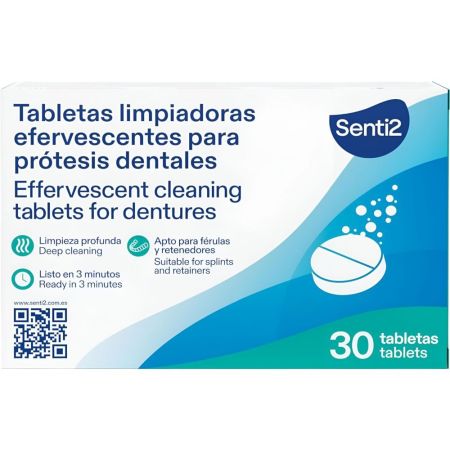 Senti2 Tabletas Limpiadoras Para Prótesis Dentales Tabletas efervescentes limpiadoras para prótesis dentales eliminan el 99,9% de bacterias 30 uds