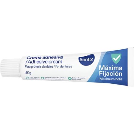 Senti2 Crema Adhesiva Máxima Fijación Crema adhesiva prótesis dentales ofrece fijación extrafuerte para seguridad y confort hasta 12 horas 40 gr