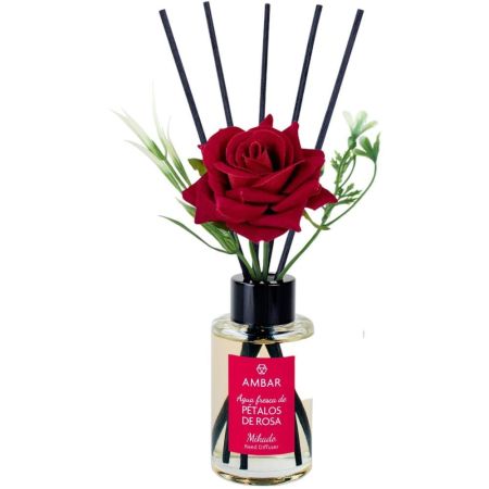 Ambar Agua Fresca De Pétalos De Rosa Mikado Con Flor Decorativa Ambientador mikado con flor para hogar perfuma y decora hasta 60 días de duración 75 ml