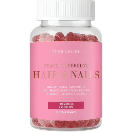 Alma Secret Hair&Nails Beauty Superglow Gummies Complemento Alimenticio Complemento alimenticio con 11 activos naturales ofrece un cabello más fuerte y unas uñas más resistentes 60 uds
