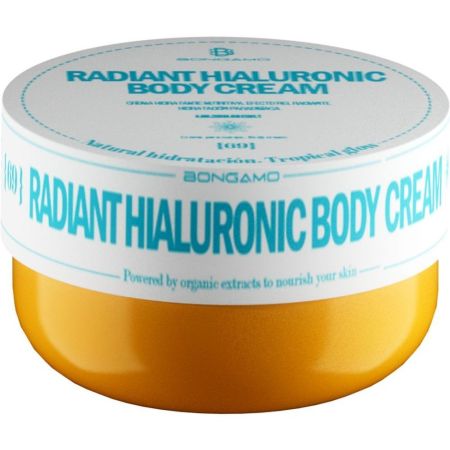 Bongamo Radiant Hialuronic Body Cream Crema corporal de textura ligera ofrece hidratación intensa y efecto calmante con aroma a galletas y miel 200 ml