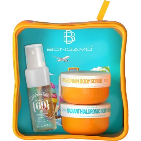 Bongamo Radiant 69 Mini Neceser Set corporal hidratante ideal para regalae o para llevar tu rutina de cuidado donde sea con aroma a galleta