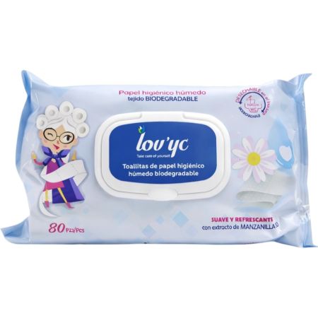 Lov'Yc Toallitas De Papel Higiénico Húmedo Biodegradable Toallitas de papel higiénico húmedo para wc de tejido suave y delicada formulación con tapa 80 uds