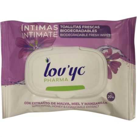 Lov'Yc Pharma Íntimas Toallitas Frescas Biodegradables Toallitas íntimas con extracto de malva miel y manzanilla limpieza suave y eficaz 20 uds