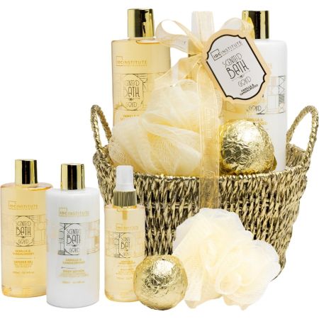 Idc Institute Scented Bath Gold Cesta Set Set de baño reutilizable y relajante ideal para regalar mima tu piel con delicioso aroma a vainilla