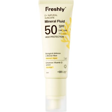 Freshly Cosmetics D+ Natural Suncare Mineral Fluid Spf 50 Fluido solar facial de textura fluida y rápida absoción estimula la producción de serotonina 50 ml