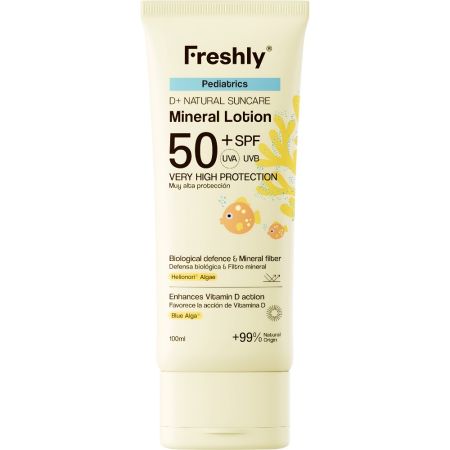 Freshly Cosmetics D+ Natural Suncare Pediatrics Mineral Lotion Spf 50+ Protector solar infantil de textura fluida y rápida absoción hidrata y calma con aloe vera