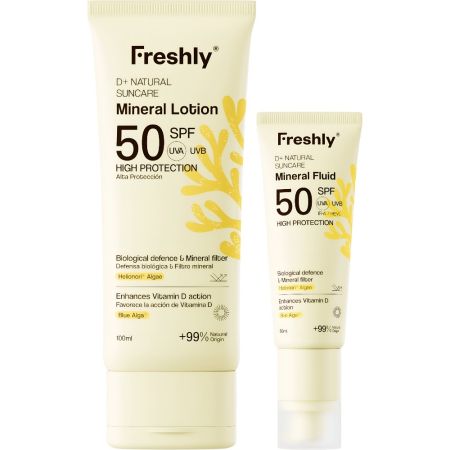 Freshly Cosmetics D+ Natural Suncare Set Set de protección solar facial y corporal de textura ligera y rápida absorción estimula la producción de serotonina