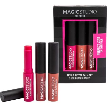 Magic Studio Colorful Triple Butter Balm Set Bálsamo labial con tono vibrante y deliciosa fragancia para un acabado suave e hidratado 3 uds
