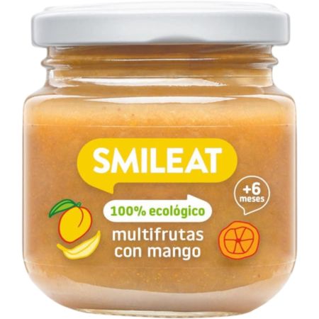Smileat Tarrito Multifrutas Con Mango Tarrito sin gluten ni azúcar elaborado con ingredientes ecológicos para un crecimiento sano a partir de 6 meses 130 gr