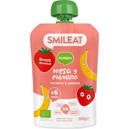 Smileat Bolsita Fresa Y Plátano Bolsita sin gluten ni azúcar elaborada con ingredientes ecológicos perfecta para la merienda a partir de 6 meses 100 gr