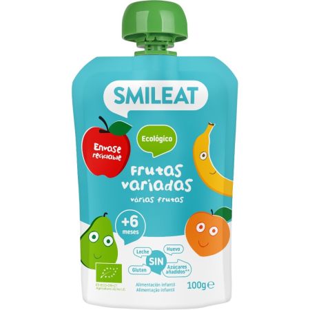 Smileat Bolsita Frutas Variadas Bolsita sin gluten ni azúcar elaborada con ingredientes ecológicos perfecta para la merienda a partir de 6 meses 100 gr