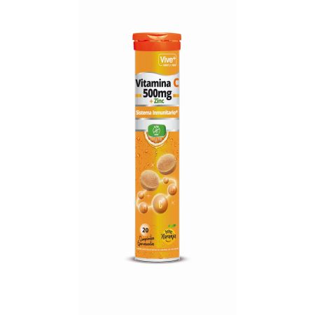 Vive+ Complemento Alimenticio Vitamina C 500 Mg + Zinc Complemento alimenticio ayuda al sistema inmune sabor naranja 20 uds