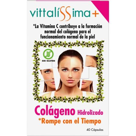 Vittalissima Colágeno Rompe Con El Tiempo Complemento Alimenticio Complemento alimenticio contribuye a la producción de colágeno para el funcionamiento normal de la piel 40 uds