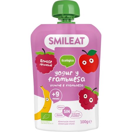 Smileat Bolsita Yogur Y Frambuesa Bolsita sin gluten ni azúcar elaborada con ingredientes ecológicos perfecta para la merienda a partir de 9 meses 100 gr