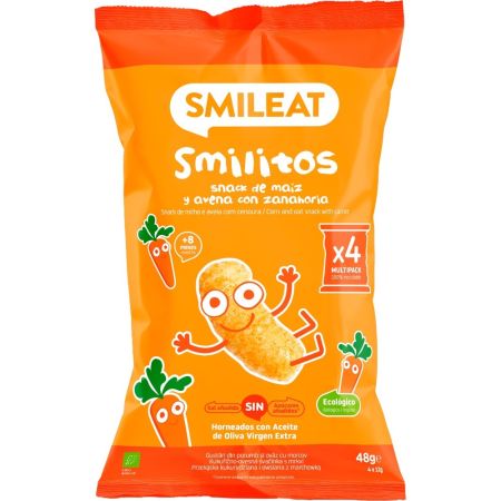 Smileat Smilitos Snack De Maíz Y Avena Con Manzana Snak crujiente sin gluten ni azúcar elaborado con ingredientes ecológicos perfecto para el cole a partir de 8 meses 48 gr