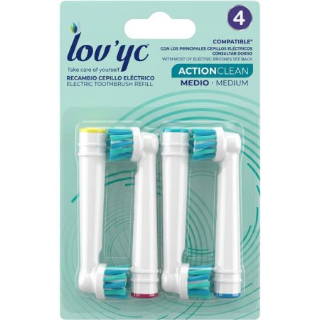 Lov'Yc Cepillo De Dientes Action Clean Medio Recambio Cepillo de dientes eléctrico para una higiene dental adecuada 4 uds
