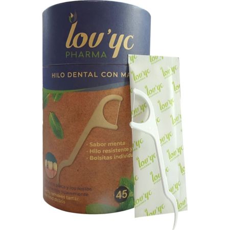 Lov'Yc Pharma Hilo Dental Con Mango Hilo dental de seda con mango en bolsitas individuales sabor menta 45 uds