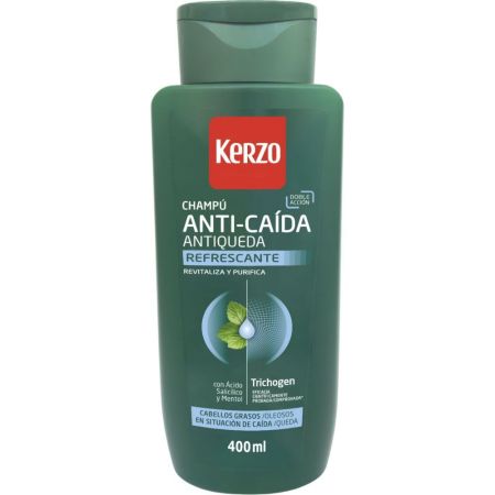 Kerzo Refrescante Champú Anti-Caída Champú anticaída refrescante estimula el crecimiento nutre fortalece y revitaliza para cabello graso 400 ml