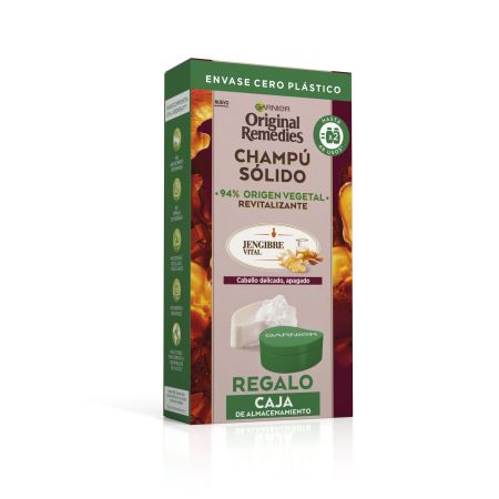 Original Remedies Jenjibre Vital Champú Sólido Revitalizante + Caja Almacenaje Pack cabello revitalizado y nutrido 60 gr