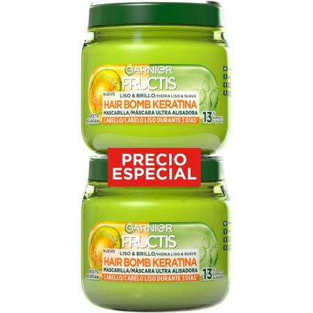 Fructis Liso & Brillo Hair Bomb Keratina Mascarilla Precio Especial Mascarilla alisadora nutre y protege del encrespamiento para cabello liso y brillante hasta 72 horas 2x320 ml