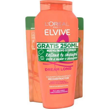 Elvive Dream Long Champú Reconstructor+ Recarga Gratis Pack ahorro capilar protege de roturas y puntas abiertas para cabello largo y dañado