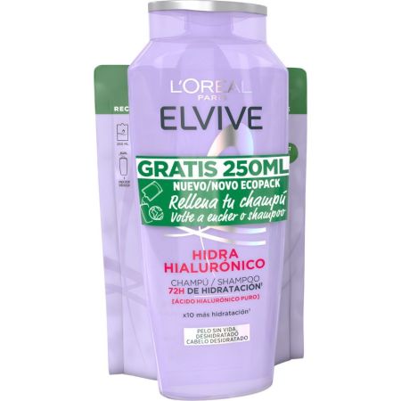Elvive Hidra [Hialurónico] Champú+ Recarga Gratis Pack ahorro capilar protege de roturas y puntas abiertas para cabello largo y dañado