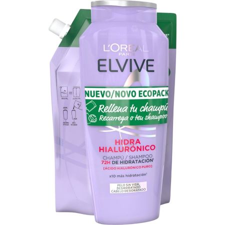 Elvive Hidra [Hialurónico] Champú+Recarga Pack regalo capilar rellena la fibra con ácido hialurónico hasta 72 horas de hidratación para cabello deshidratado