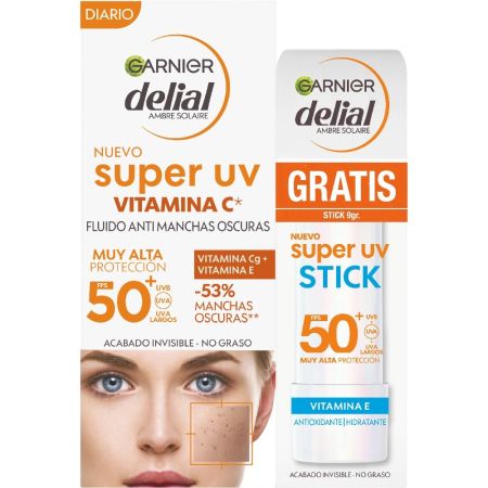 Delial Super Uv Fluido Vitamina C Spf 50+Super Uv Stick Gratis Pack regalo de protección solar facial protege y refresca la piel con ácido hialurónico