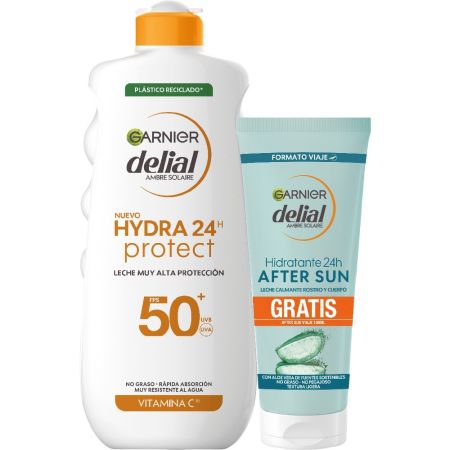 Delial Hydra 24h Protect Leche Vitamina C Spf 50+After Sun Gratis Pack regalo de protección solar ideal para antes y después del sol