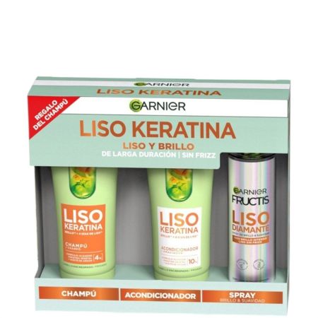 Fructis Liso Keratina Estuche Set capilar vegano eleva el allisado controla el encrespamiento y potencia el brillo para cabello encrespado