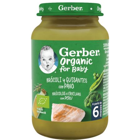 Gerber Organic For Baby Tarrito Brócoli Y Guisantes Con Pavo Tarrito ecológico con una perfecta combinación de verduras a partir de los 6 meses 190 gr