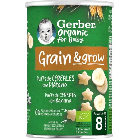 Gerber Organic For Baby Grain & Grow Puffs Cereales Con Plátano Snack ecológico sin azúcares añadidos formato sostenible y cómodo a partir de 8 meses 35 gr