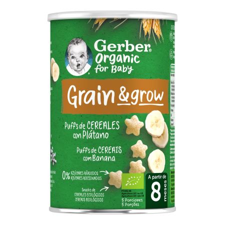 Gerber Organic For Baby Grain & Grow Puffs Cereales Con Plátano Snack ecológico sin azúcares añadidos formato sostenible y cómodo a partir de 8 meses 35 gr