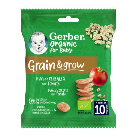 Gerber Organic For Baby Grain & Grow Puffs Cereales Con Tomate Snack ecológico sin azúcares añadidos formato sostenible y cómodo a partir de 10 meses 7 gr