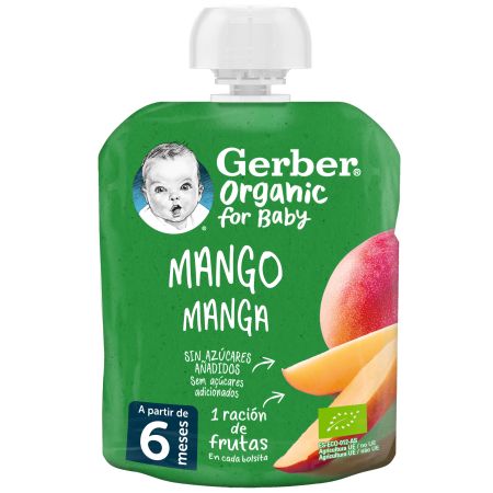 Gerber Organic For Baby Bolsita Mango Bolsita ecológica sin azúcares ideal para dar como postre o merienda a partir de 6 meses 90 gr