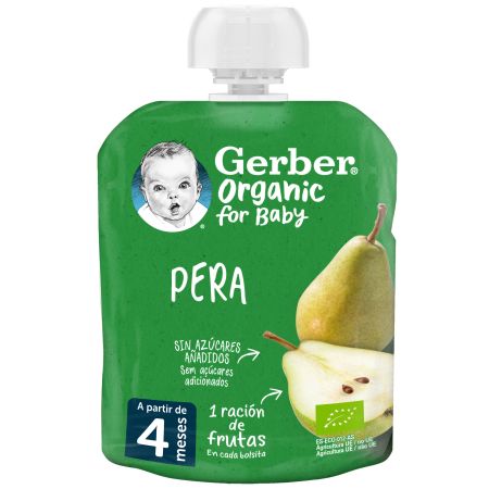 Gerber Organic For Baby Bolsita Pera Bolsita ecológica sin azúcares ideal para dar como postre o merienda a partir de 4 meses 90 gr
