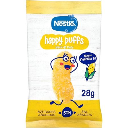 Nestle Happy Puffs Snack Maíz Natural Snack de maíz sin azúcares fortificados con calcio hierro zinc y vitamina b1 a partir de 12 meses 28 gr