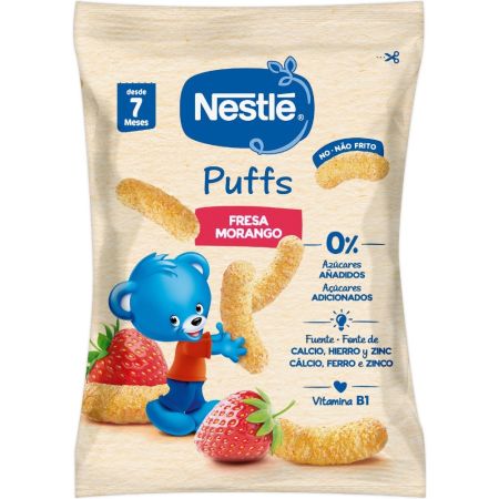 Nestle Happy Puffs Snack De Maíz Fresa Snack de maíz sin azúcares fortificados con calcio hierro y vitamina b1 a partir de 12 meses 28 gr