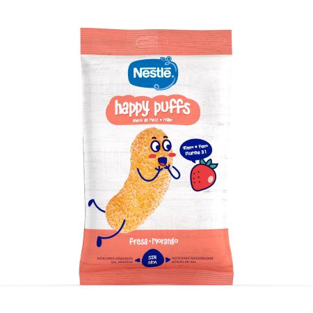 Nestle Happy Puffs Snack De Maíz Fresa Snack de maíz sin azúcares fortificados con calcio hierro y vitamina b1 a partir de 12 meses 28 gr
