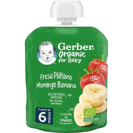 Gerber Organic For Baby Bolsita Fresa Plátano Morango Y Banana Bolsita ecológica sin azúcares ideal para dar como postre o merienda a partir de 6 meses 90 gr