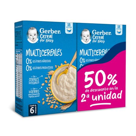 Gerber Cereal For Baby Papilla Multicereales Precio Especial Papilla sin azúcares con cereales integrales para el desarrollo cognitivo a partir de 6 meses 2x475 gr