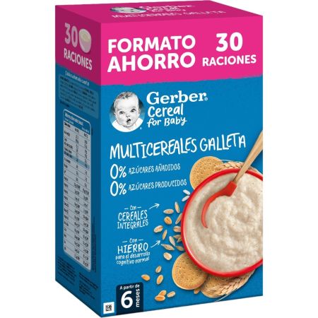 Gerber Cereal For Baby Papilla Multicereales Galleta Formato Ahorro Papilla sin azúcares y con hierro con cereales integrales para el desarrollo cognitivo a partir de 6 meses 510 gr