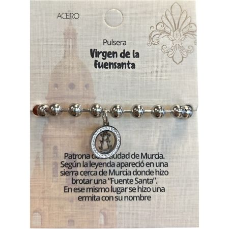 Marvimundo Pulsera Bolitas Plateada Virgen De La Fuensanta Pulsera de acero innoxidable con la imagen de la virgen de la fuensanta símbolo de devoción murciana