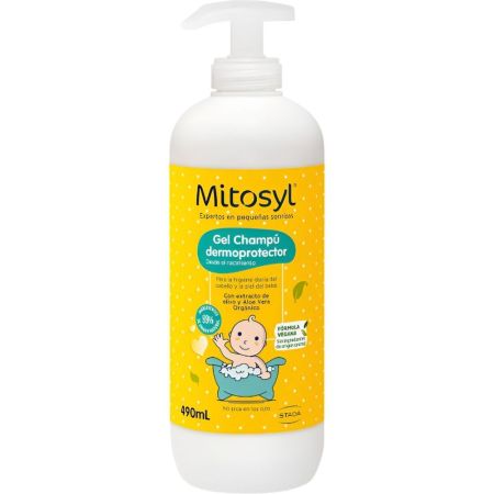 Mitosyl Dermoprotector Gel-Champú 2 En 1 Gel de baño y champú con fórmula vegana limpia suavemente sin resecar piel suave con aroma agradable 490 ml