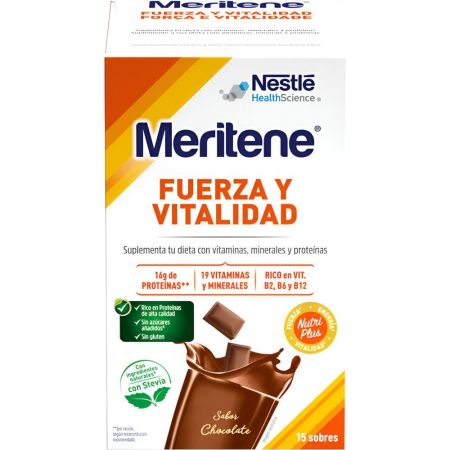 Meritene Fuerza Y Vitalidad Chocolate Complemento Alimenticio Complemento alimenticio en polvo con proteínas y vitaminas contribuye a diminuir el cansancio y fatiga 15x30 gr