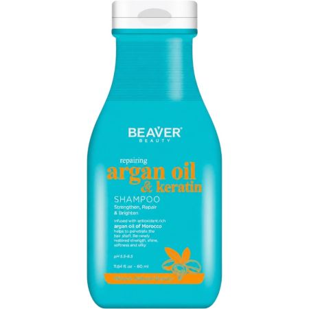 Beaver Beauty Argan Oil & Keratin Repairing Shampoo Champú reparador nutre profundamente ofreciendo suavidad y elasticidad para cabello debilitado o dañado 60 ml