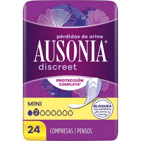 Ausonia Discreet Mini Compresas Compresas para pérdidas de orina superabsorbentes ofrecen protección total y ajuste discreto sin olor 24 uds