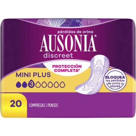 Ausonia Discreet Mini Plus Compresas Compresas sin alas para pérdidas de orina ofrecen protección completa y ajuste discreto 20 uds